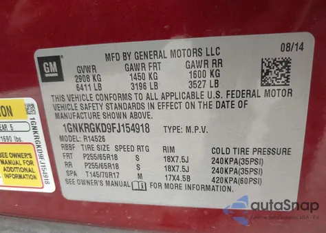 2015 Chevrolet Traverse 1Lt из США, поврежденный, VIN 1GNKRGKD9FJ154918